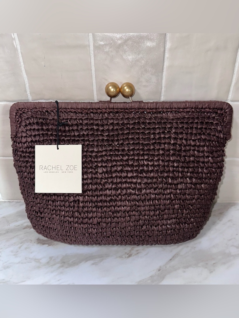 NWT-Rachel Zoe Kisslock brown woven clutch handbag